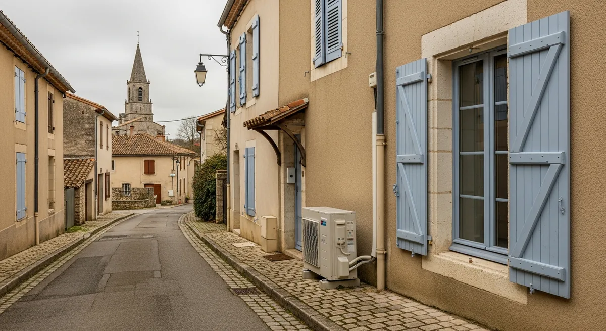 Pompe à chaleur air/eau installée sur une maison du bourg d'Andouillé