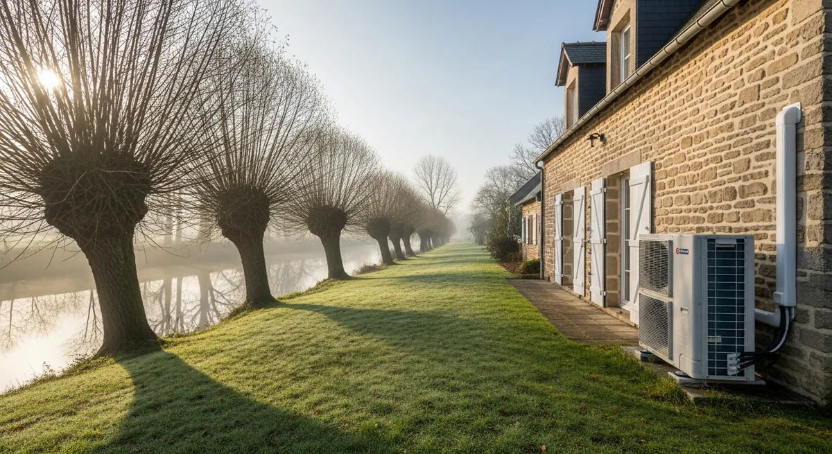 Pompe à chaleur air/eau installée sur une maison au bord de la Mayenne à Entrammes