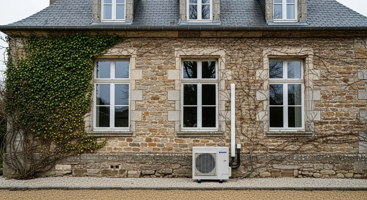 Pompe à chaleur air/eau sur une maison en pierre, Avesnières, Laval