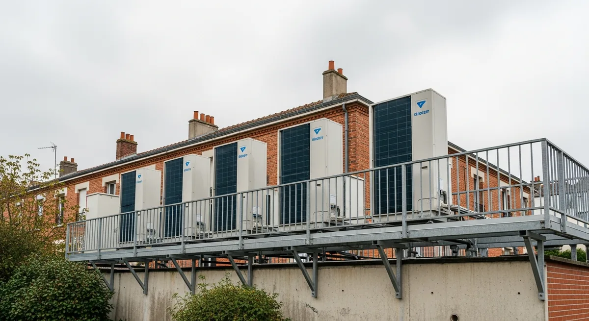 Batterie de pompes à chaleur sur un petit immeuble aux Fourches, Laval